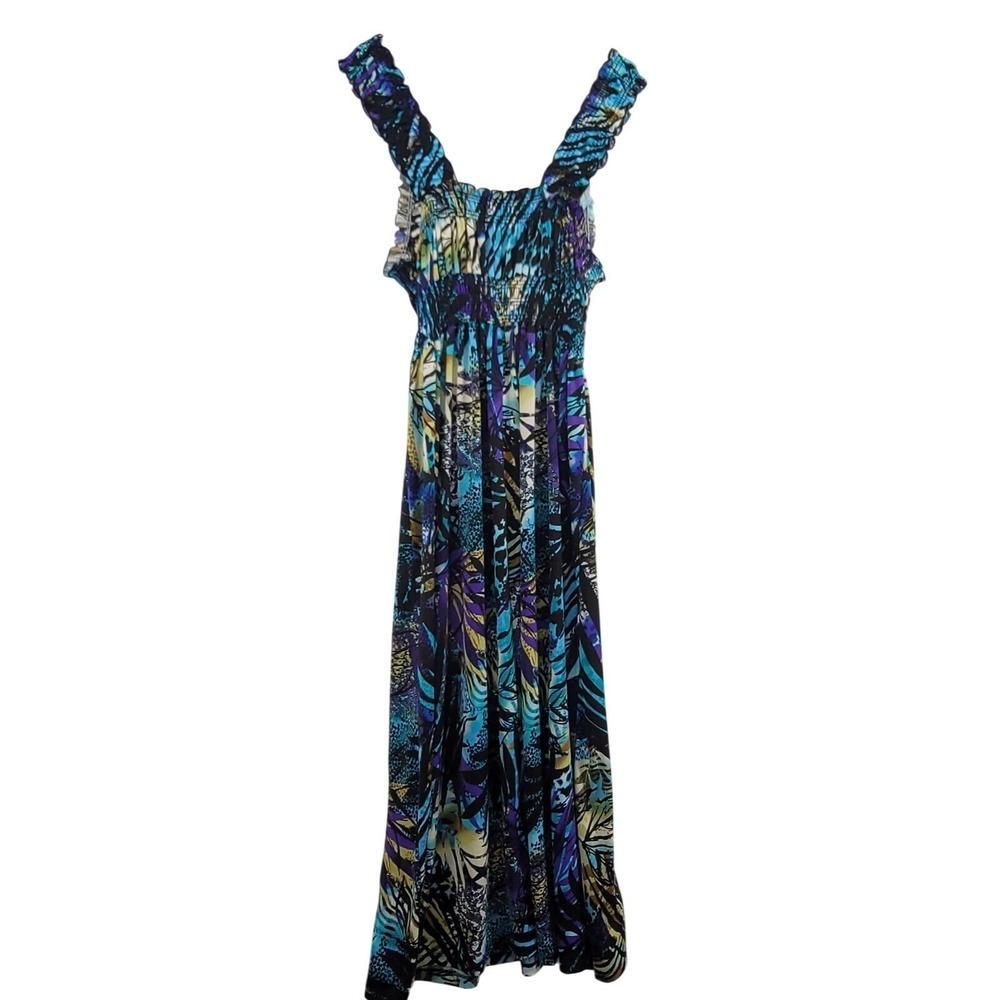 Womens Maxi Dress 1X Blue Purple Abstract Tropical Smocked V-Neck Boho Vacation - Picture 6 of 11